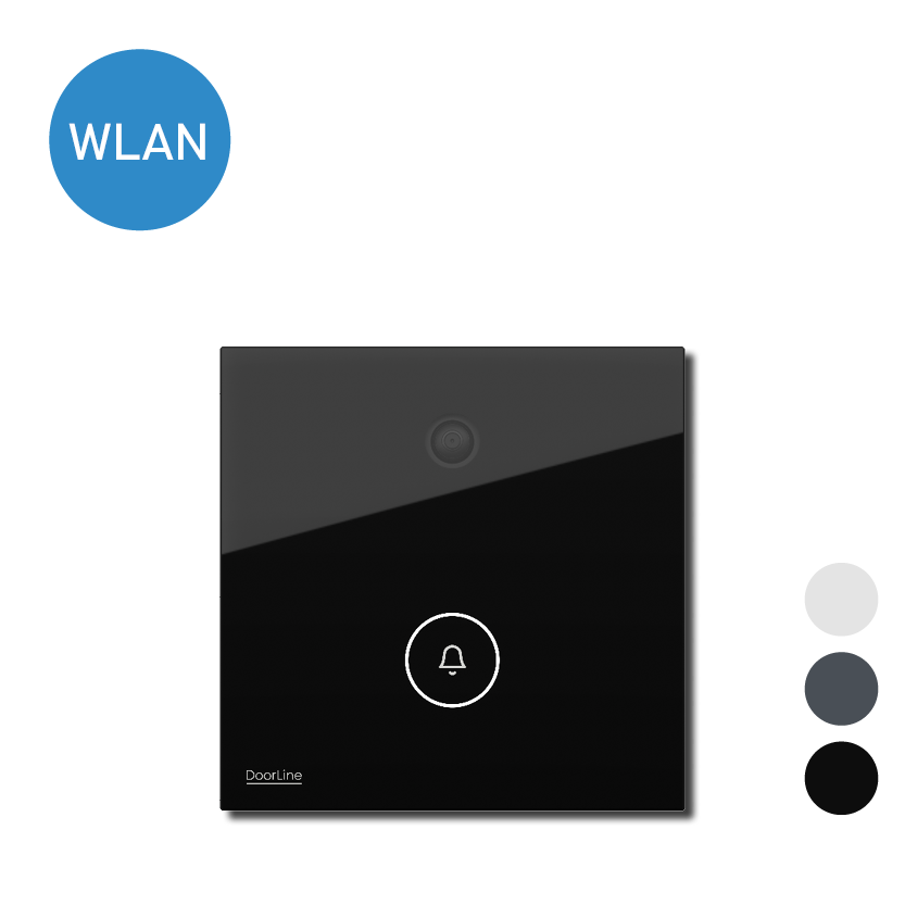 Schwarze DoorLine Video-Türsprechanlage mit integrierter Kamera und beleuchteter Klingeltaste in der Mitte. Links oben ein blauer Kreis mit der Aufschrift ‚WLAN‘. Rechts Farbmuster in Weiß, Anthrazit und Schwarz.