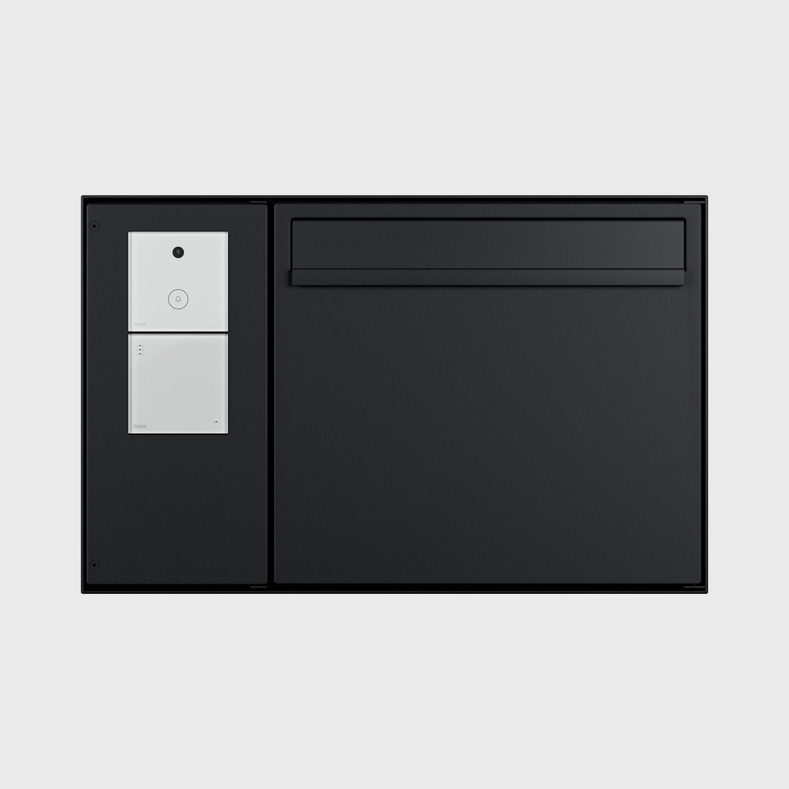 Modulares schwarzes Aufputz-Briefkastensystem mit zwei Fächern und weißem Klingel- und Sprechanlagenmodul links