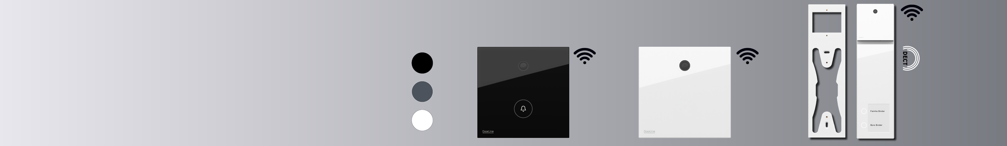 Moderne Türsprechsysteme mit WLAN – Design-Varianten in Schwarz, Grau und Weiß Vier DoorLine Türsprechanlagen-Modelle in Schwarz, Weiß und Anthrazit nebeneinander vor grauem Hintergrund. Rechts oben Symbole für WLAN, DECT und a/b-Verbindung. Links sind Farbmuster in Schwarz, Anthrazit und Weiß zu sehen.