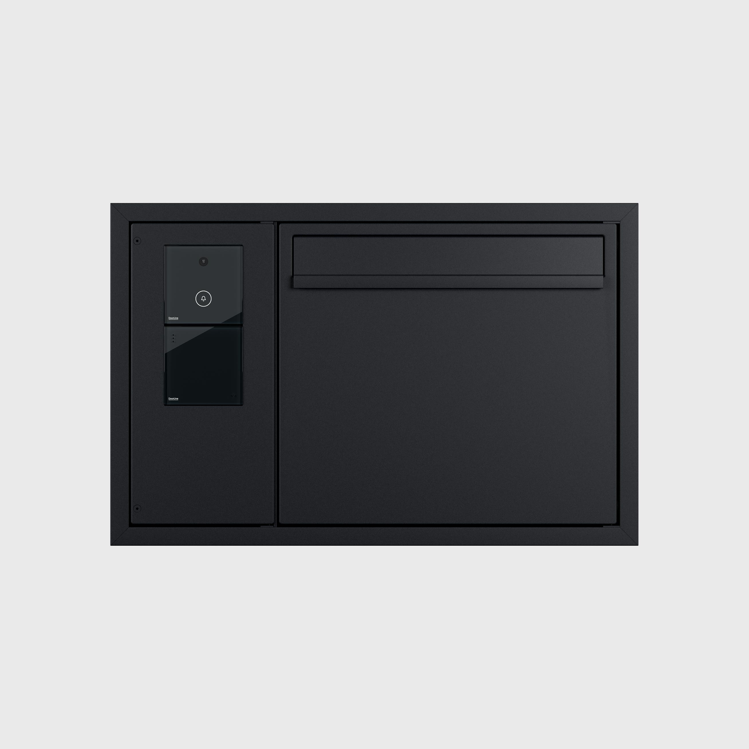 Schwarzer modularer Briefkasten mit zwei Fächern und integriertem Türkommunikationsgerät