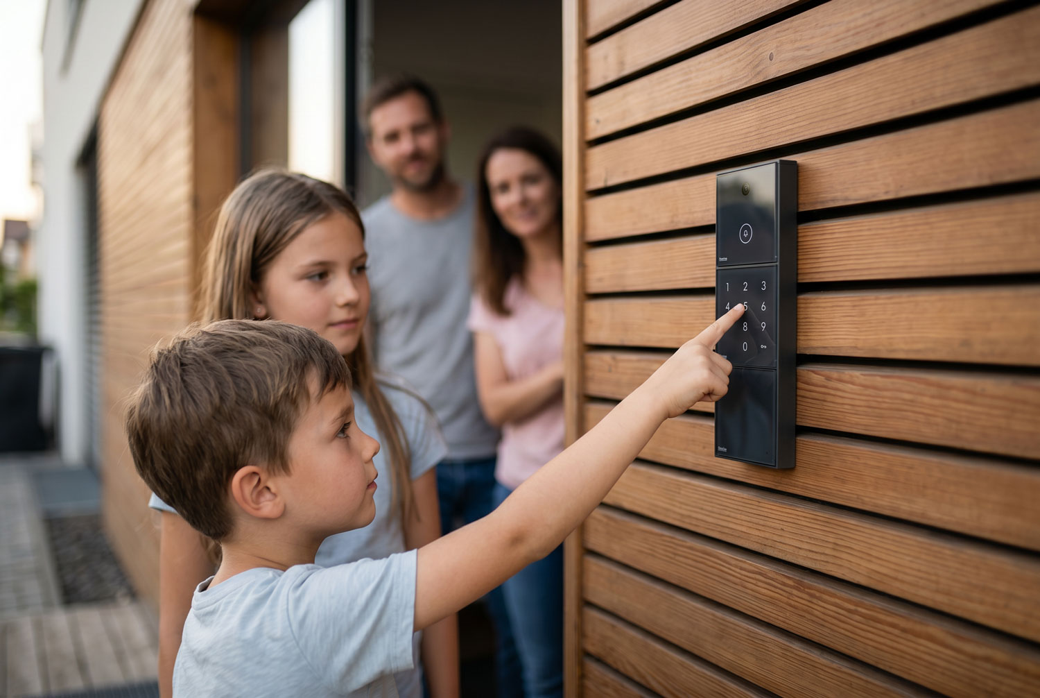 Zwei Kinder geben an einem schwarzen, rechteckigen Zahlenschloss an einer Holzfassade einen Code ein, im Hintergrund beobachten zwei Erwachsene lächelnd die Szene