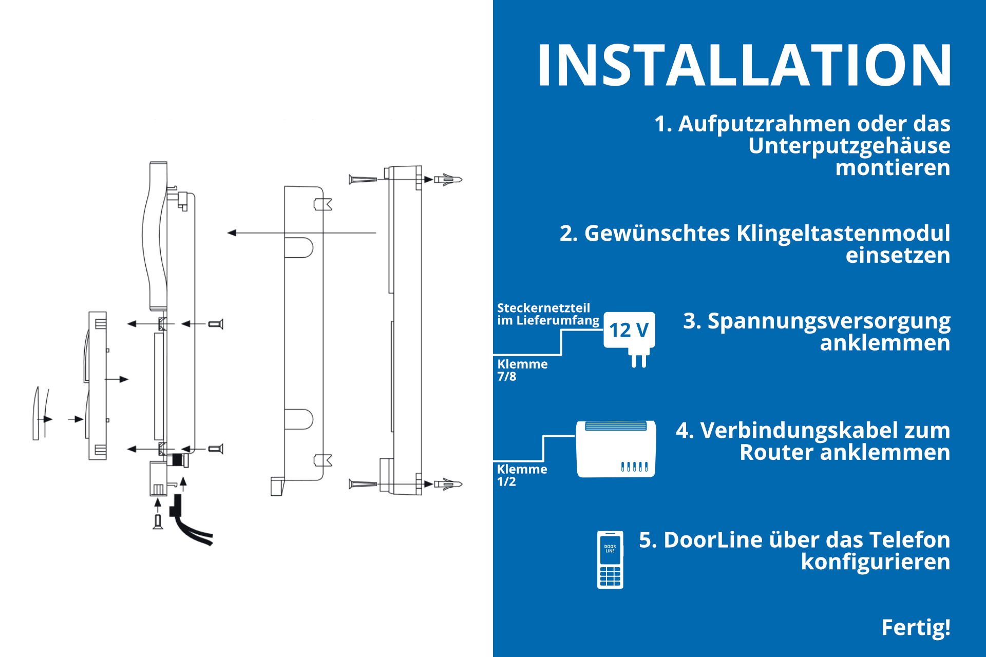 DoorLine Classic T01-T02 | Türsprechanlage für Telefonanlage/Router | 1/2 Taster | Rufweiterleitung