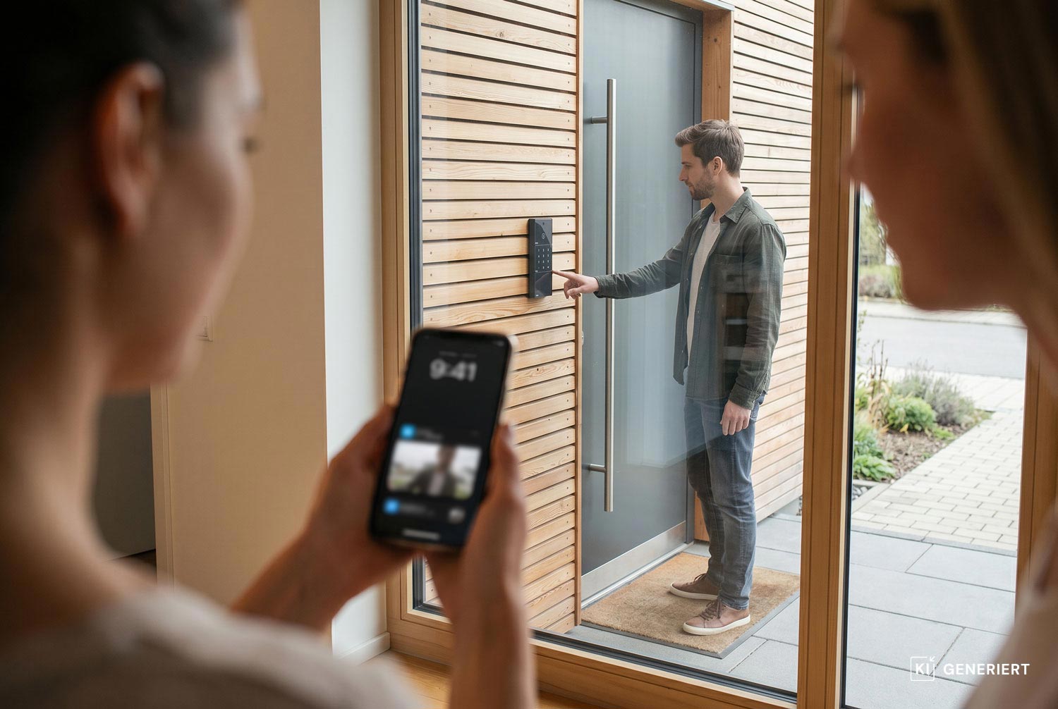 Mann steht vor Haustür und berührt ein Türschloss mit Finger während Frau im Haus mit Smartphone die Szene filmt