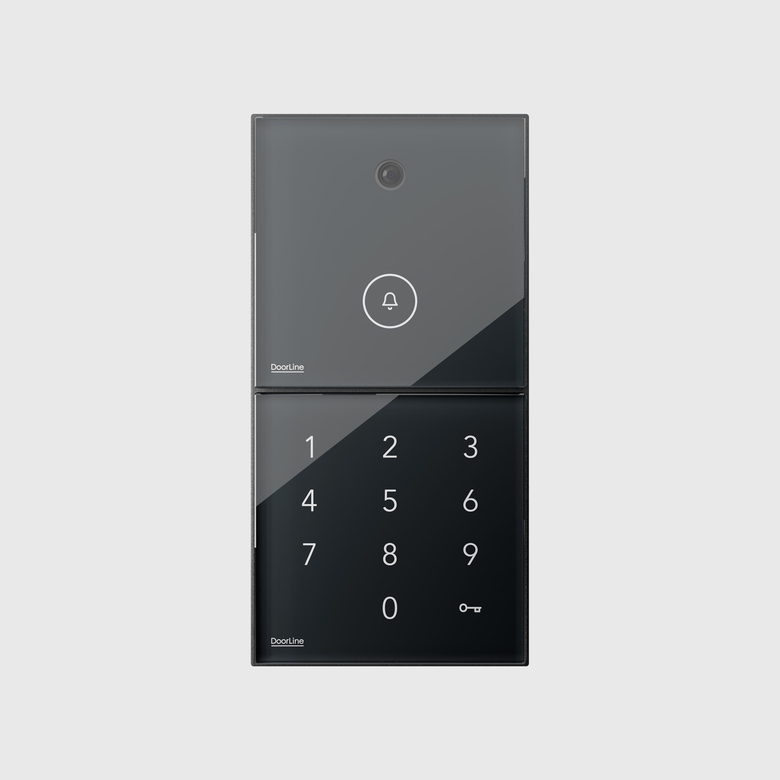 Modulares Türschloss mit Kamera und Touch-Tastatur mit Ziffern und Symbolen auf glatter Oberfläche