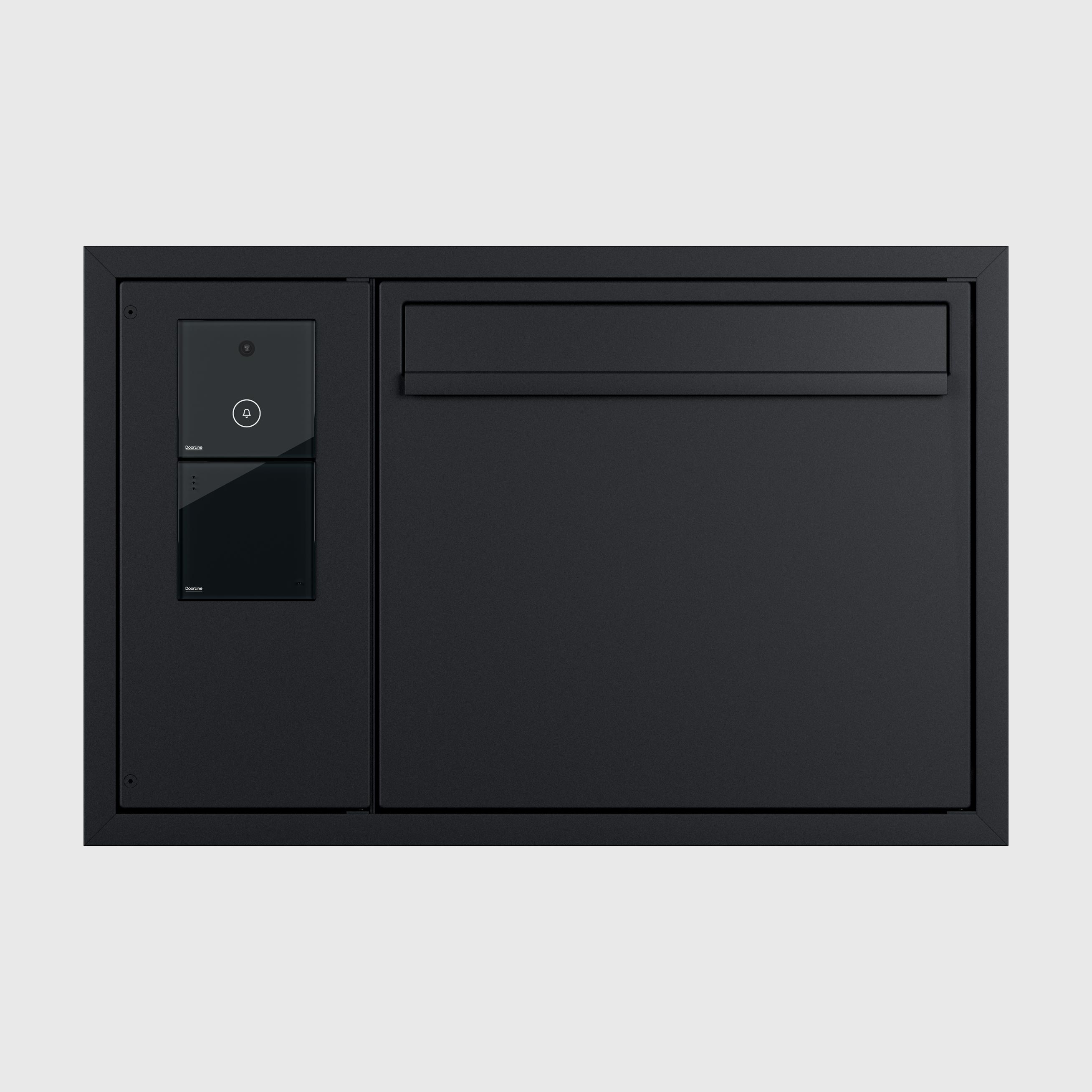 Schwarzer modularer Unterputzbriefkasten mit integriertem ekey-Fingerabdrucksensor und schmalem Einwurfschlitz