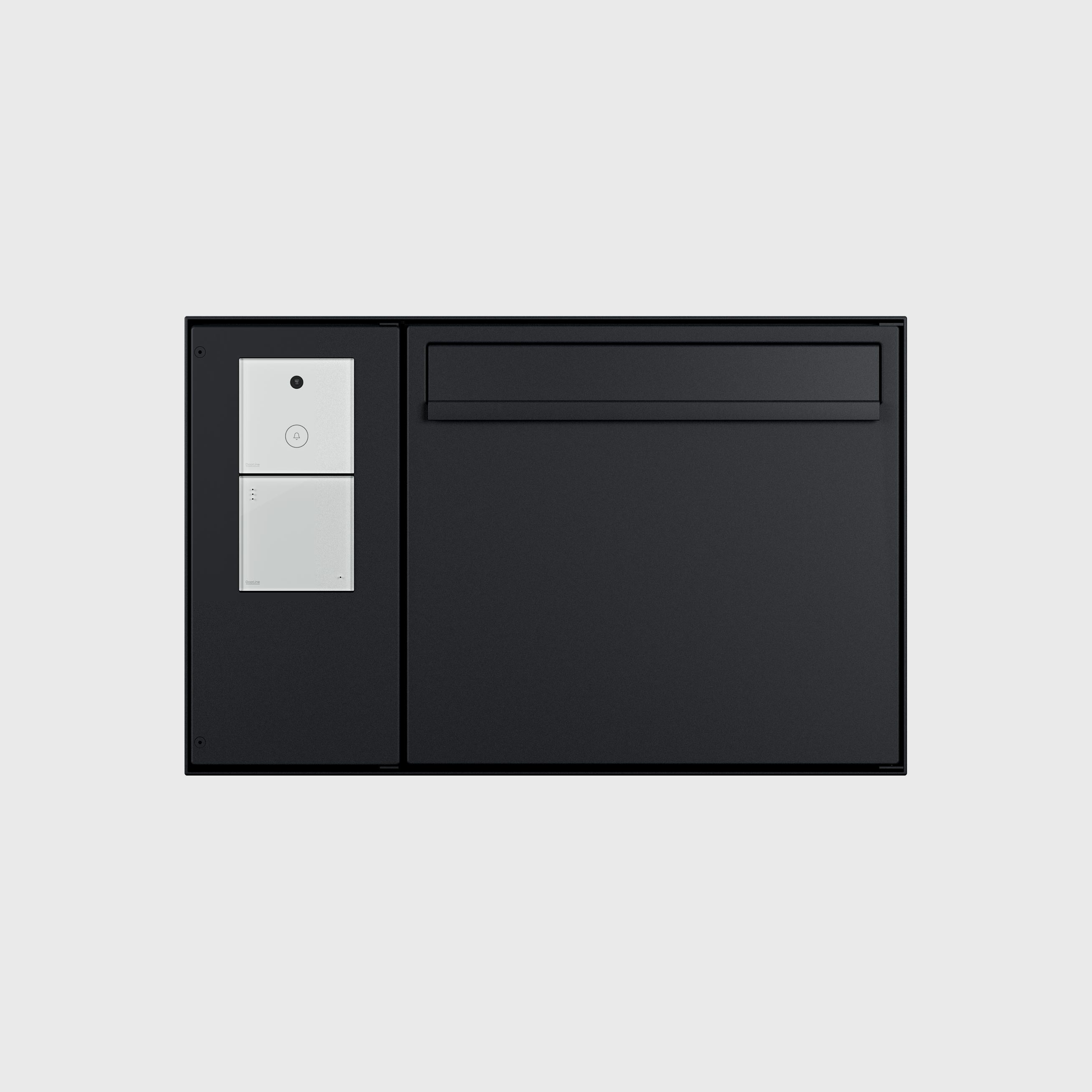 Schwarzer modularer Briefkasten mit zwei Fächern und weißem Klingel- und Sprechanlagenmodul