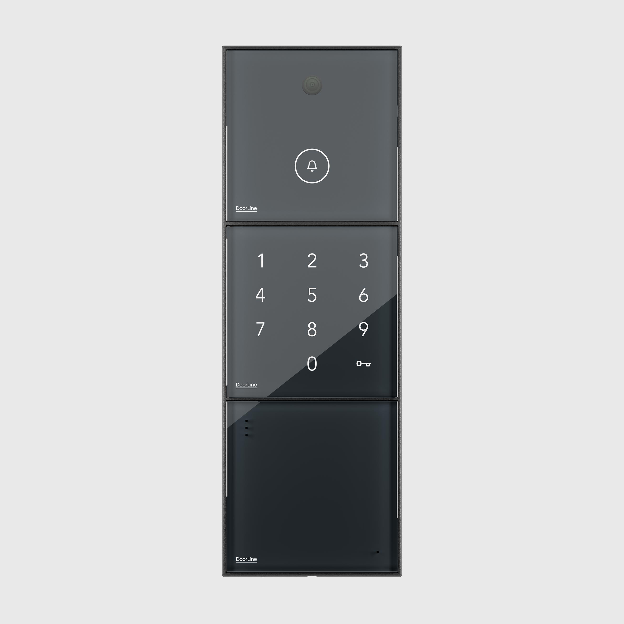 Dreiteiliges schwarzes Türmodul mit Kamera, Klingelsymbol, Ziffernblock und Schlüsselsymbol