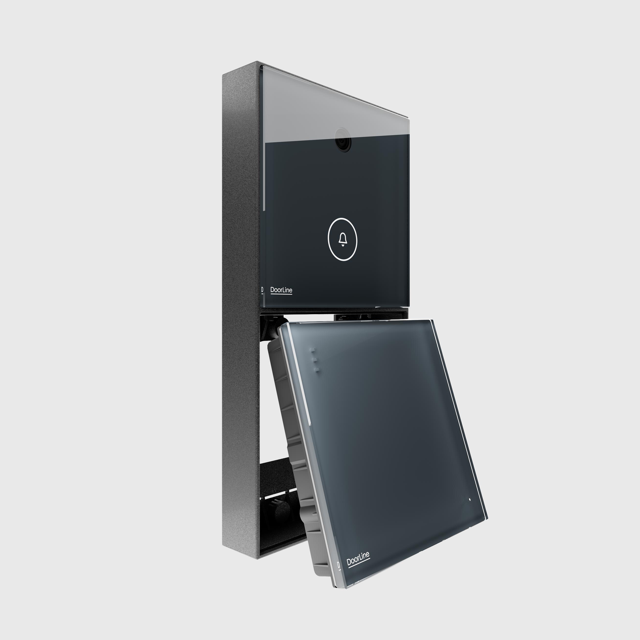 Modulares Türsprechanlagensystem mit zwei rechteckigen, schwarzen, glänzenden Modulen, eines mit Klingelsymbol und Kameraöffnung, das andere aufgeklappt